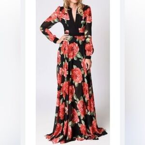 Red Flower Print Floor Length Dress